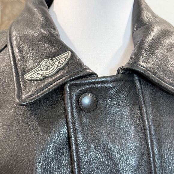 Vintage Eddie Bauer Leather Bomber Jacket Black Medium + Harley Davidson Pin - Picture 2 of 15
